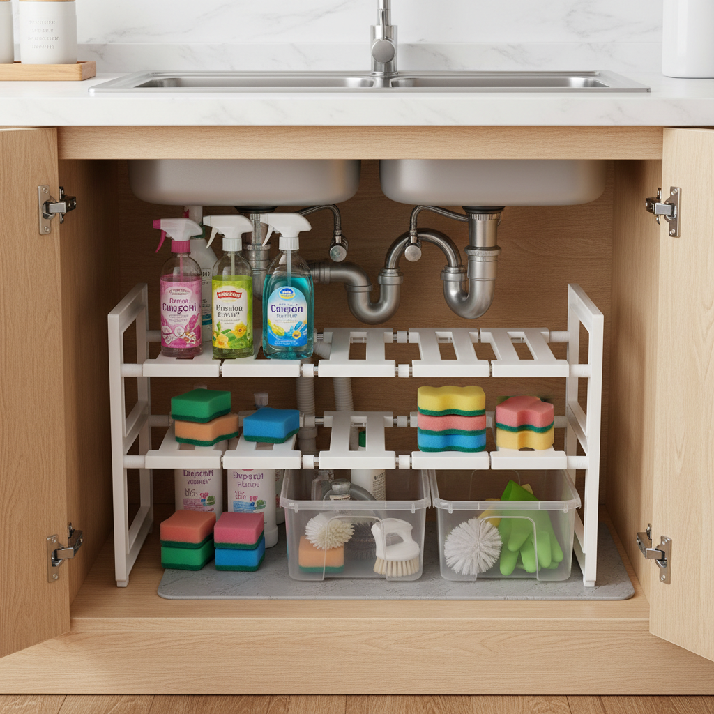 Dual-Layer Expandable Under-Sink Organizer — Doubles Your Cabinet Space in 5 Minutes