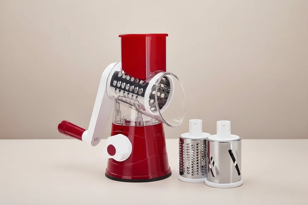 Drum Vegetable & Fruit Slicer — 3 Interchangeable Blades, Hand-Crank Easy