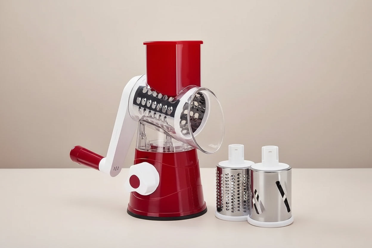 Drum Vegetable & Fruit Slicer — 3 Interchangeable Blades, Hand-Crank Easy