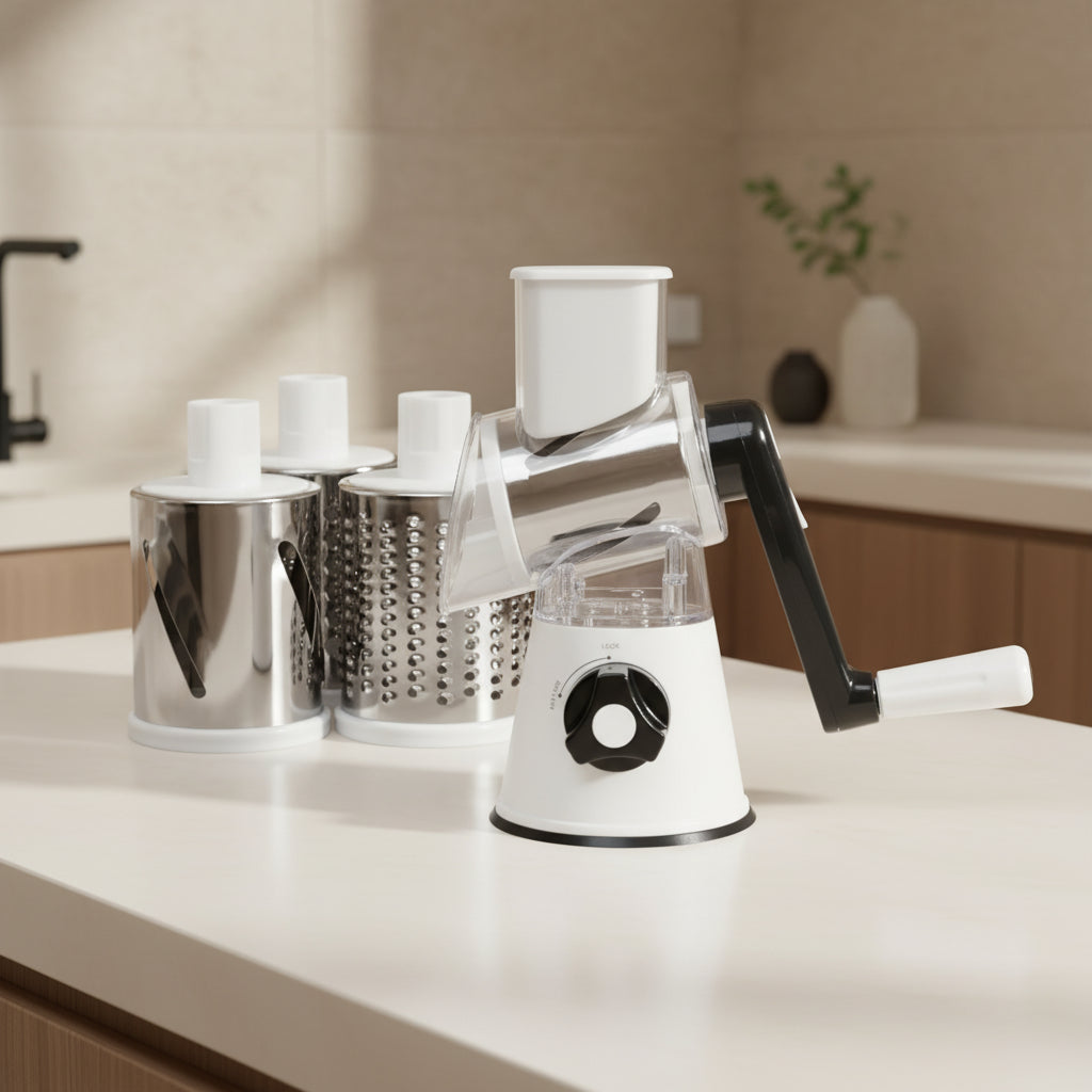 Drum Vegetable & Fruit Slicer — 3 Interchangeable Blades, Hand-Crank Easy