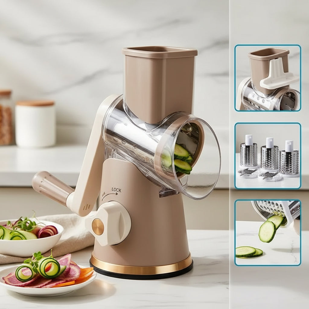 Drum Vegetable & Fruit Slicer — 3 Interchangeable Blades, Hand-Crank Easy