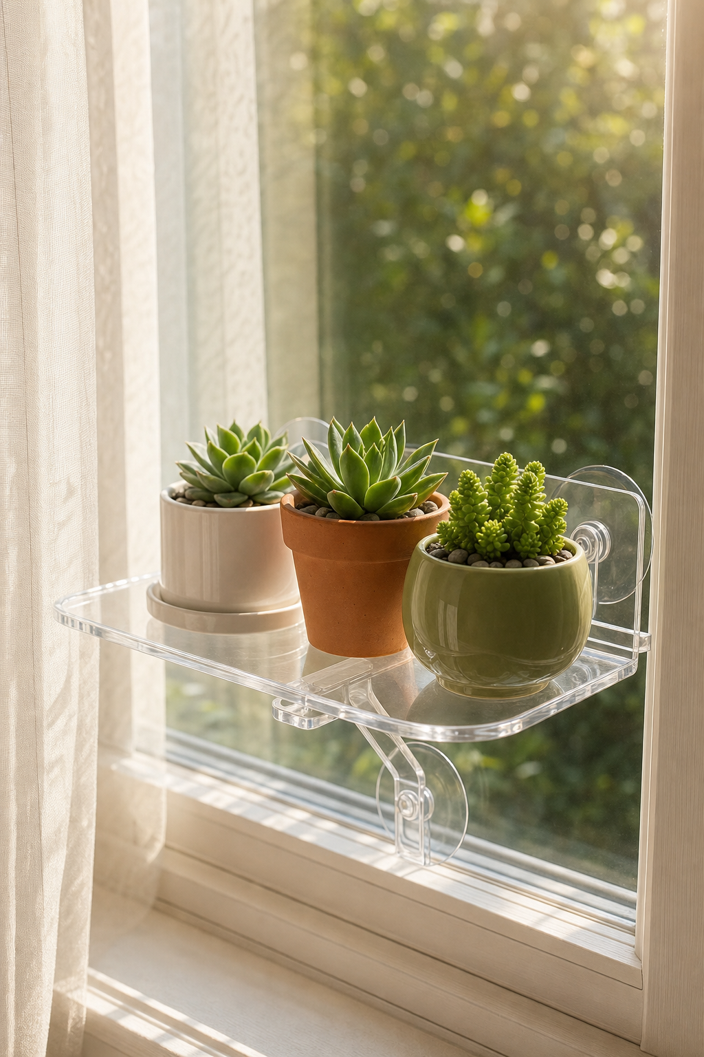 Acrylic window plant shelf floating suction cup display for indoor plants