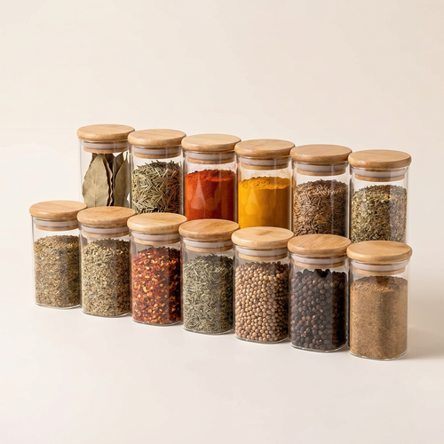 14-piece glass spice jar set with bamboo lids
