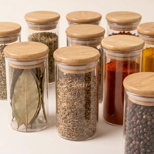 Bamboo spice rack detail close-up