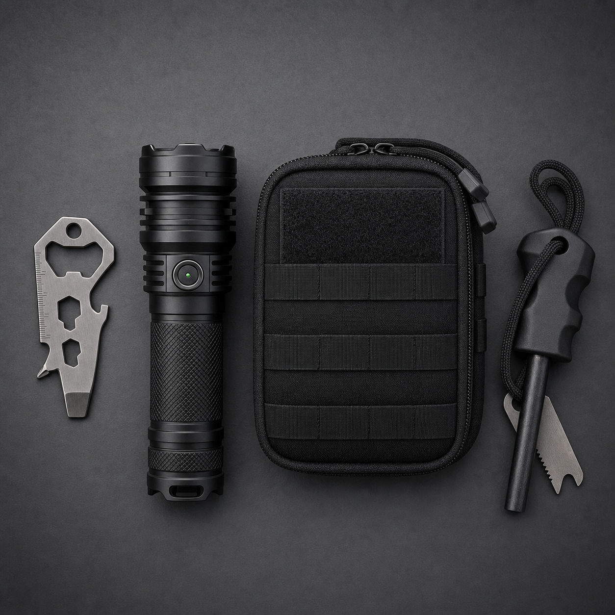 EDC Starter Pack: 10-in-1 multitool, tactical flashlight, MOLLE pouch, and ferro rod fire starter