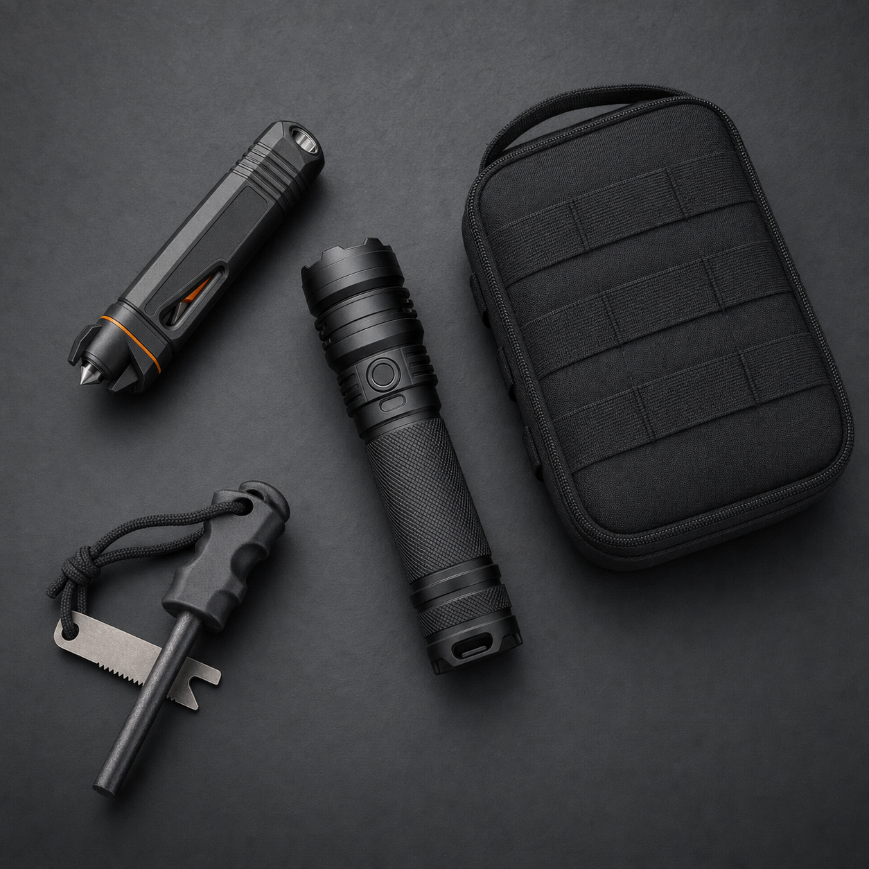Vehicle Emergency Kit: car escape tool, tactical flashlight, first aid pouch, and ferro rod fire starter