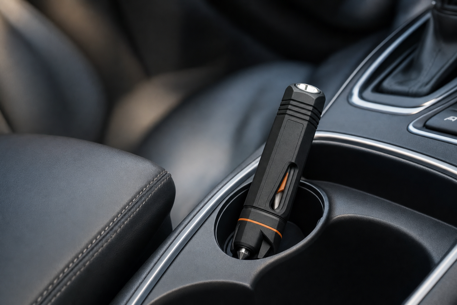 Guardian Car Escape Tool resting in car center console within easy reach