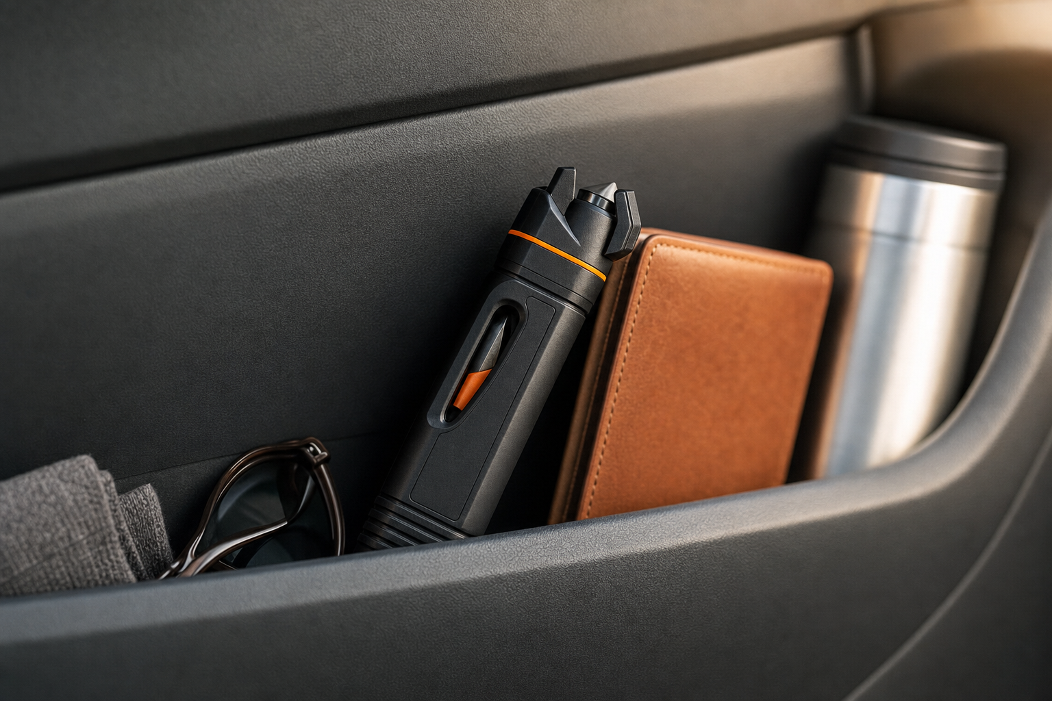 Guardian Car Escape Tool stored in car door pocket for quick access