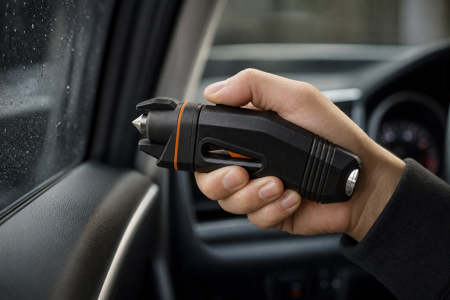 Hand gripping the Guardian Car Escape Tool ready near a car window