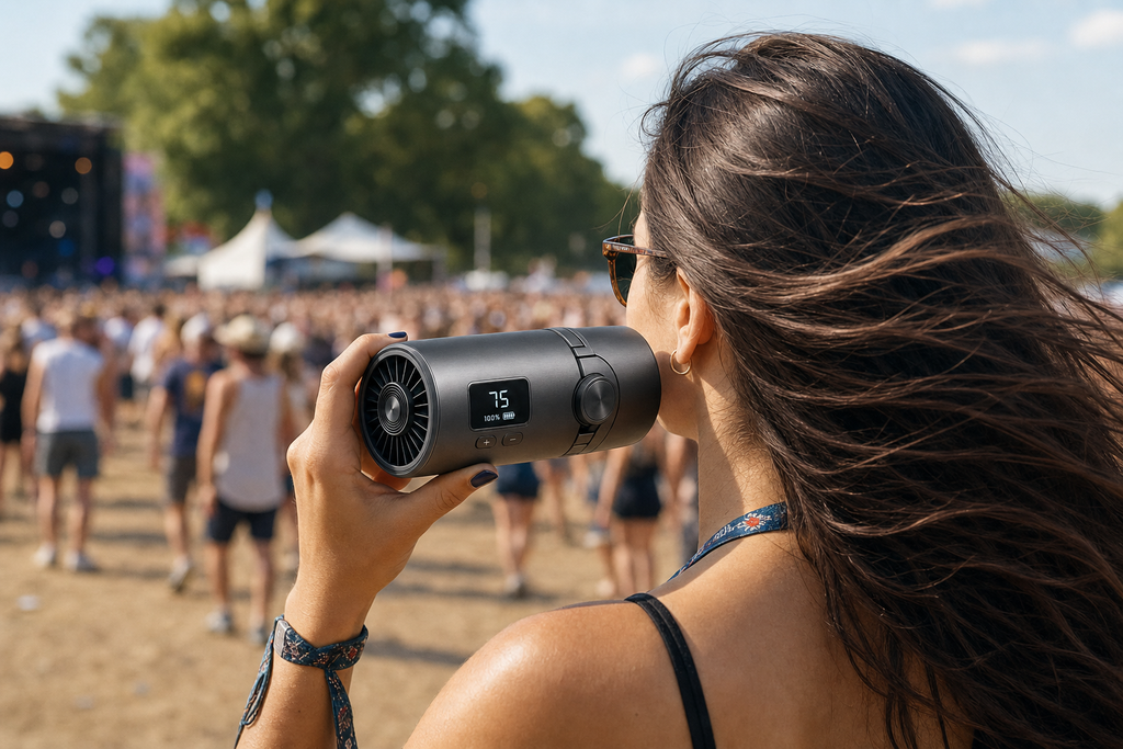 Person using cylindrical handheld turbo fan at a festival