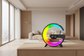 Colorful circular LED clock with digital display on a white background