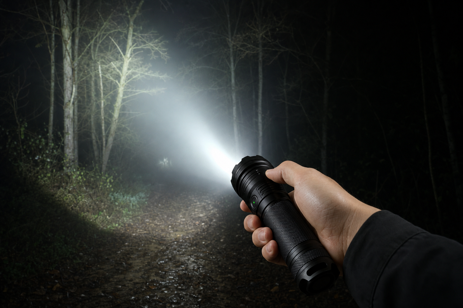 TacBeam flashlight projecting a bright beam through a dark forest at night