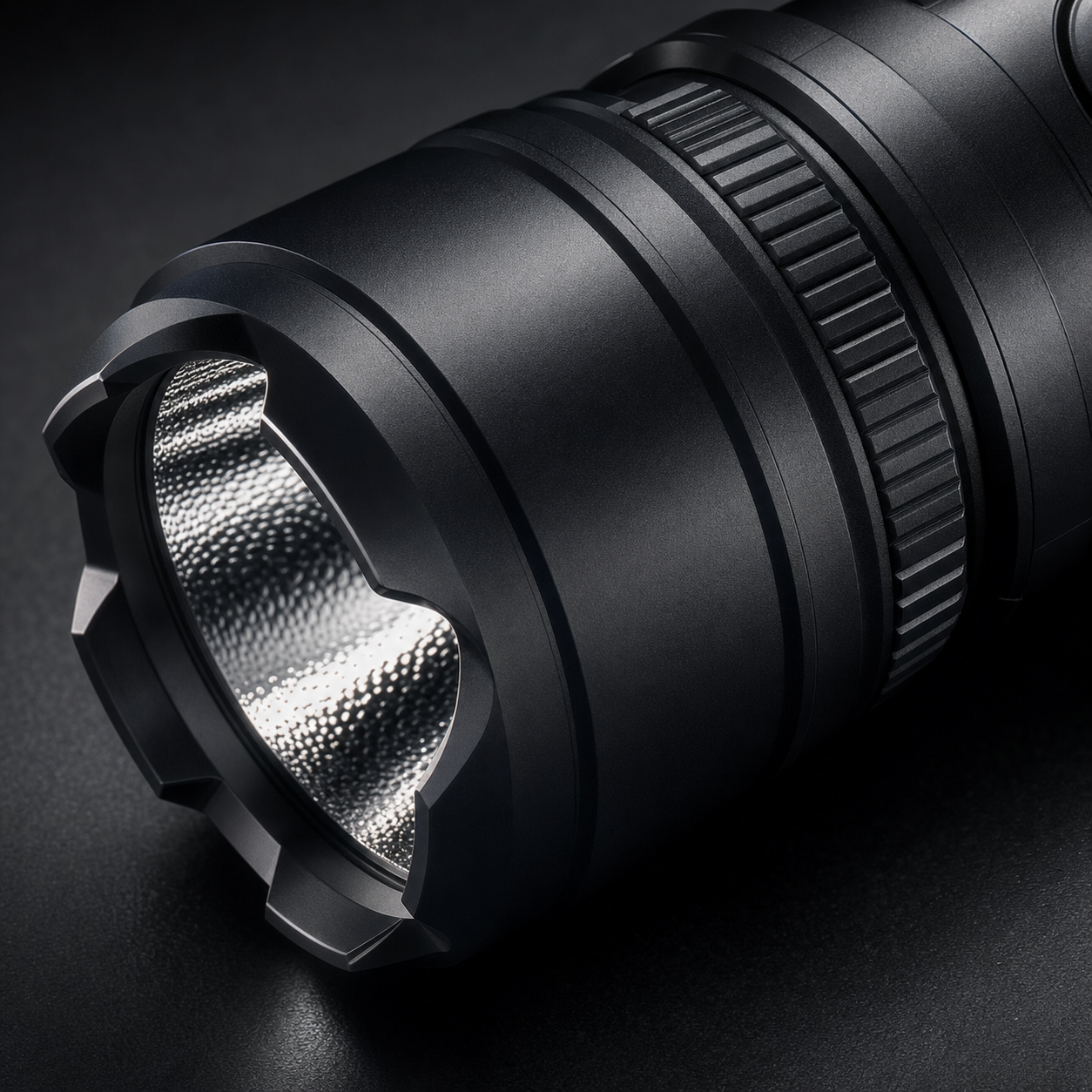 Close-up of the TacBeam flashlight zoom head and reflector lens