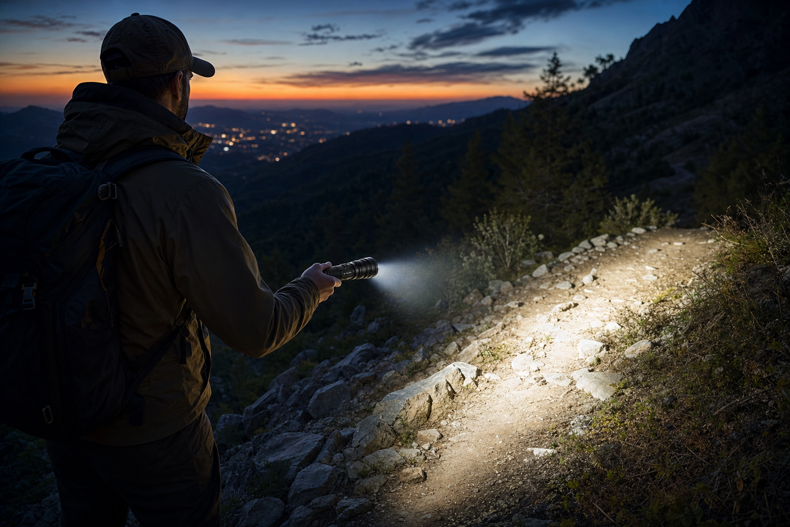 Hiker using TacBeam flashlight to light a mountain trail at dusk