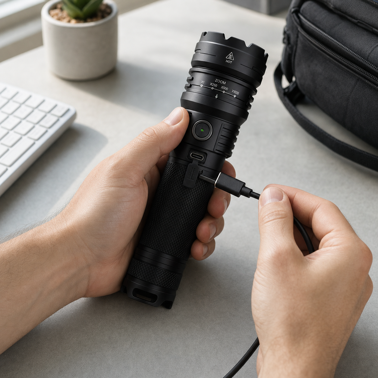 TacBeam flashlight being charged via USB-C cable