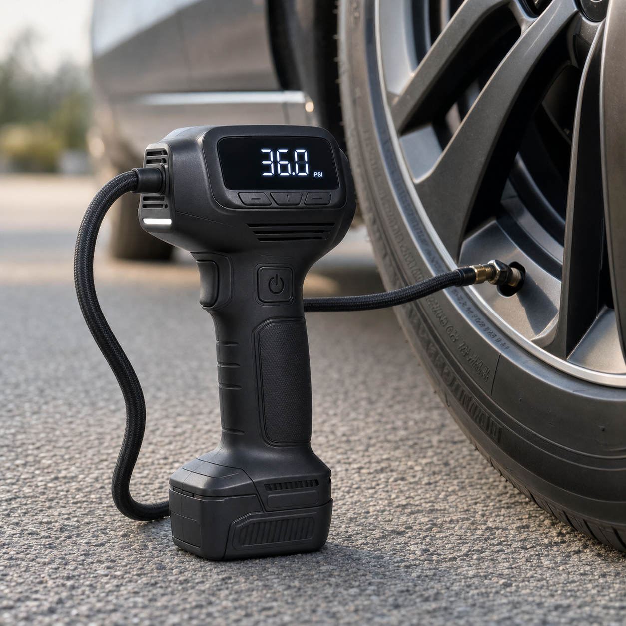 SmartInflate Pro inflating a car tire to 36 PSI