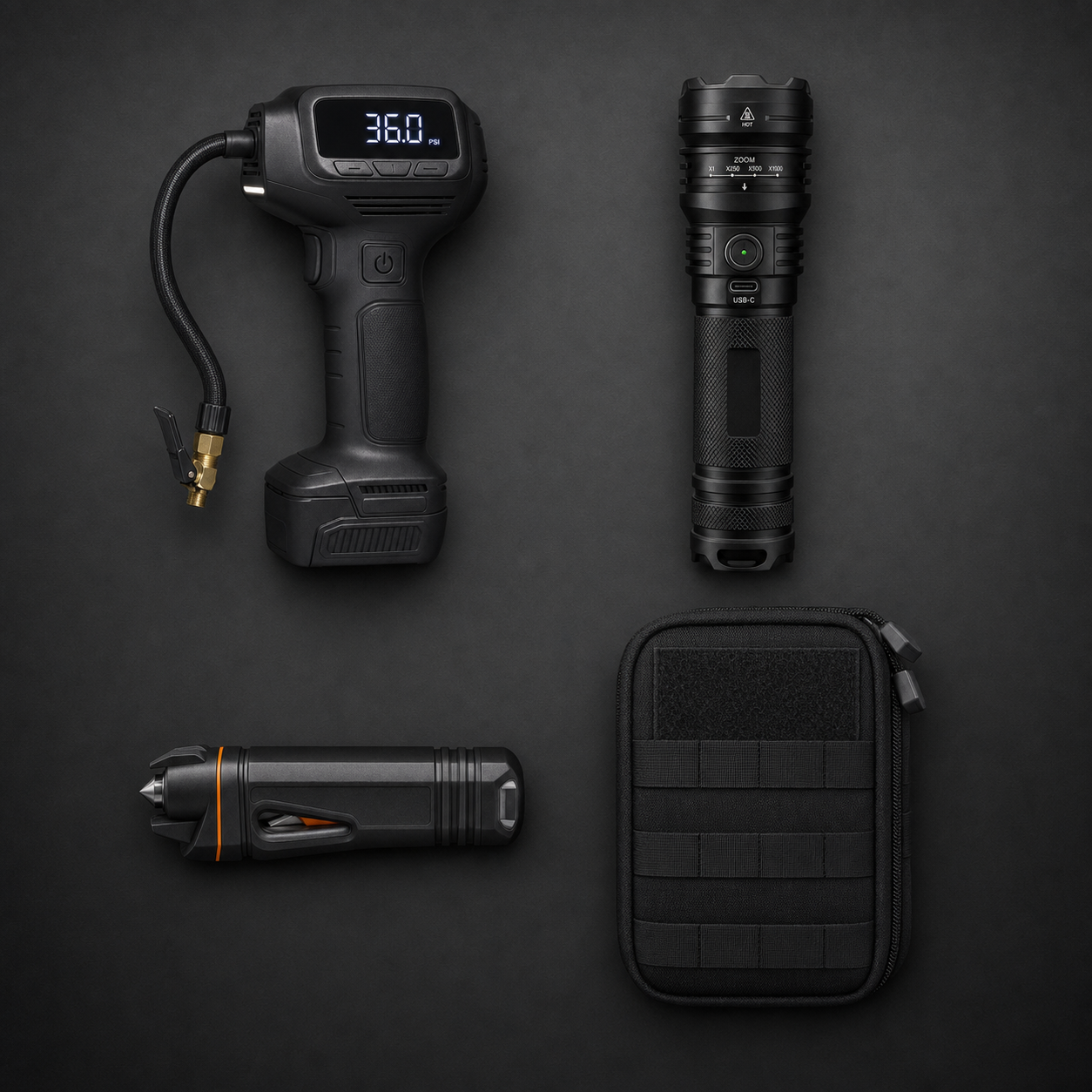 BG Vehicle Readiness Kit — tire inflator, TacBeam flashlight, Guardian escape tool, MOLLE pouch