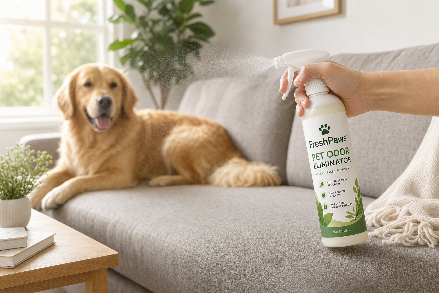 Pet odor eliminator spray used on a sofa