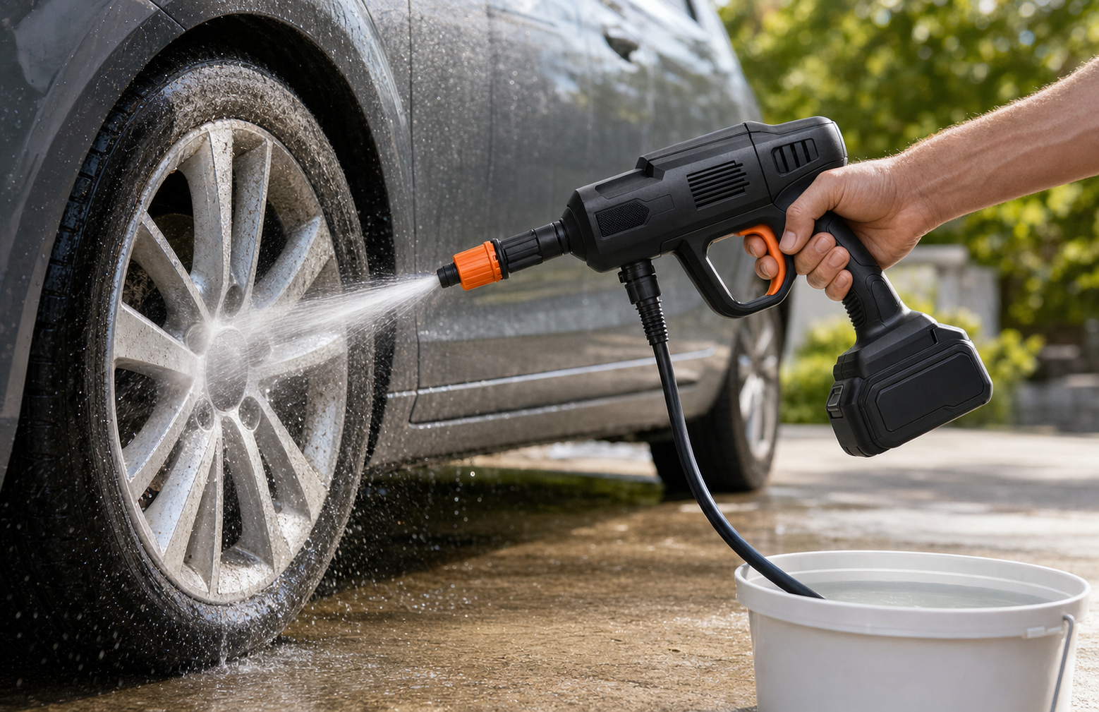 Cordless pressure washer cleaning a car wheel