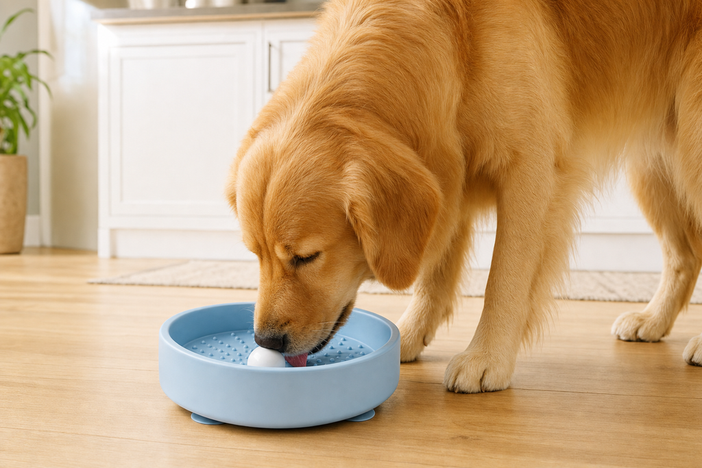 Golden retriever eating from light-blue slow feeder bowl