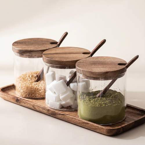 Artisan glass spice jar collection with wooden lids