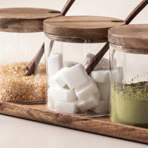 Clear glass spice jars - close-up detail