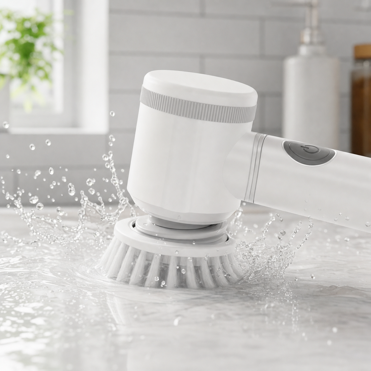 Close-up of the SpinClean scrubber head spinning with water droplets flying