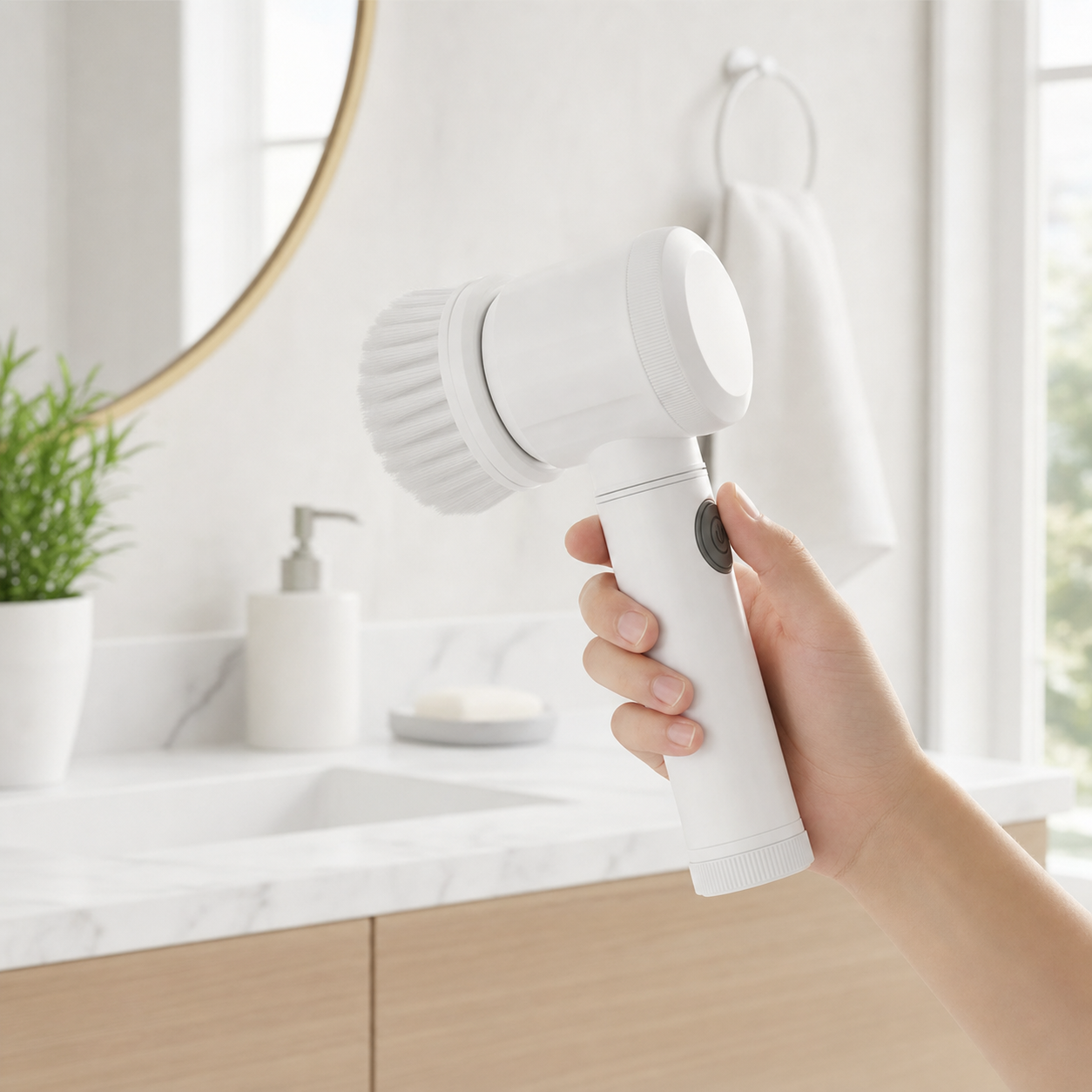 Hand holding the cordless SpinClean electric scrubber in a bright bathroom