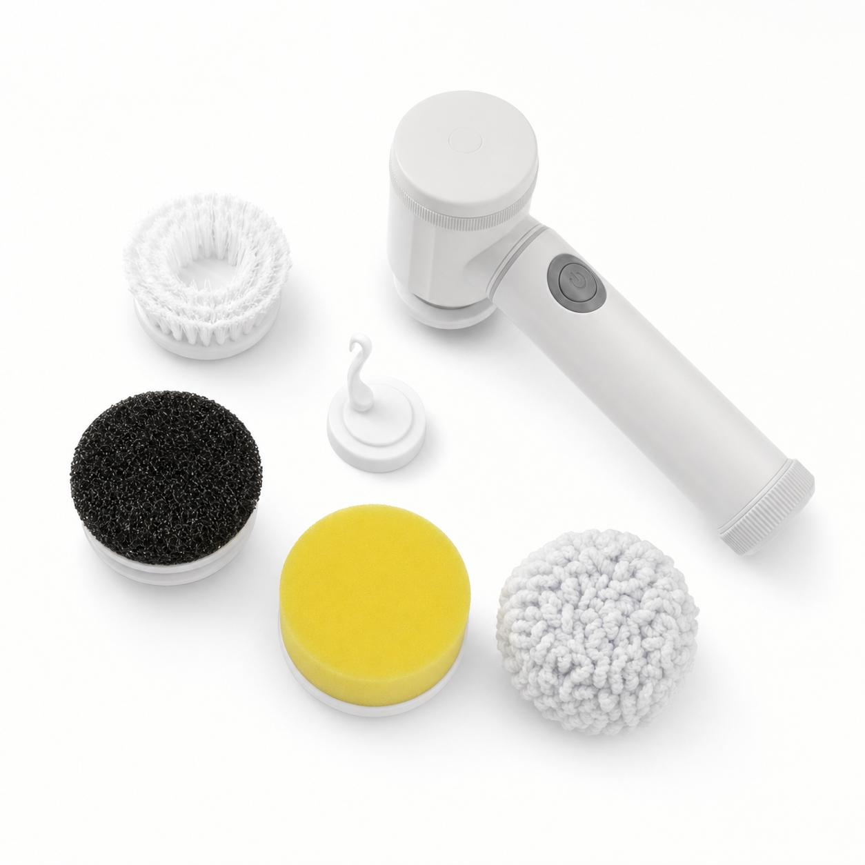 SpinClean scrubber handle with full set of interchangeable brush heads
