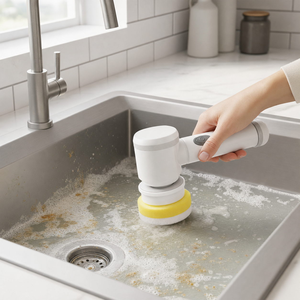 Hand using the SpinClean scrubber to clean a kitchen sink