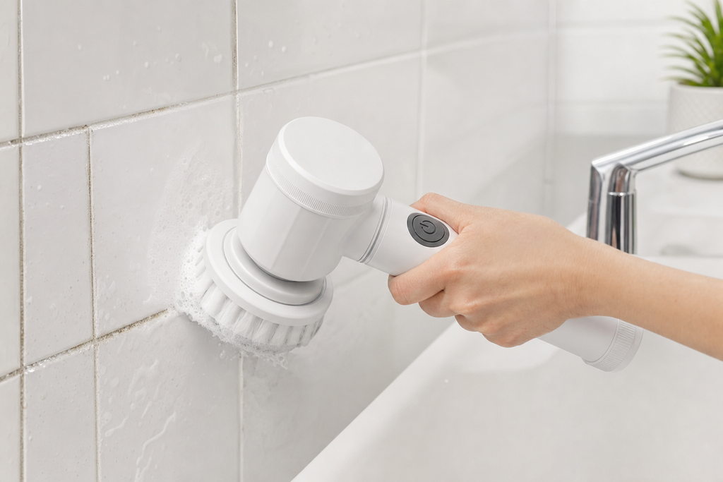Hand using the SpinClean electric scrubber to clean bathroom tile grout