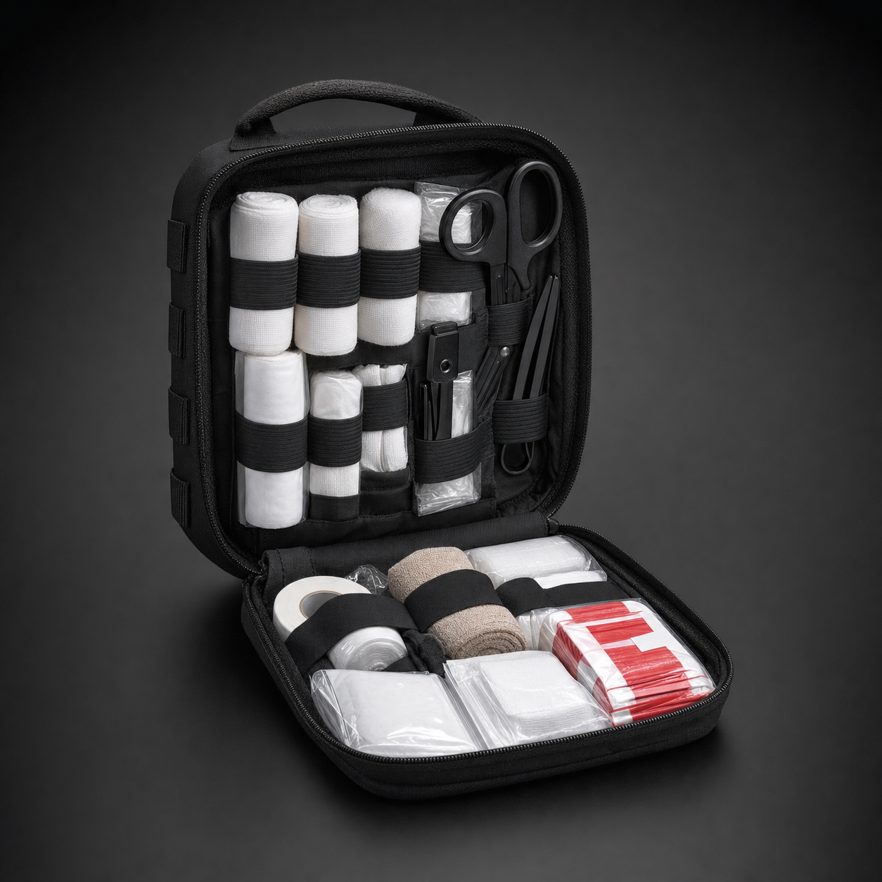 Compact first aid kit in MOLLE trauma pouch