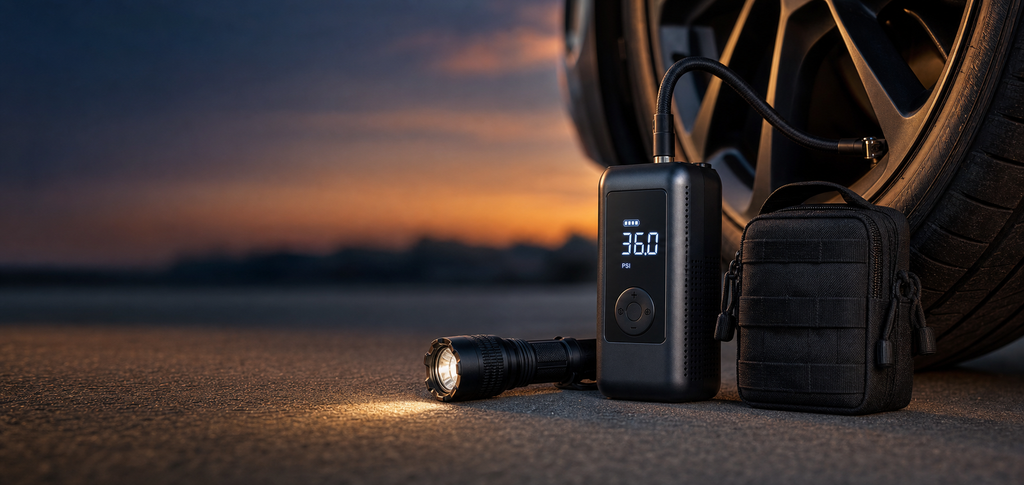 Vehicle Readiness Kit gear beside a car tire at dusk