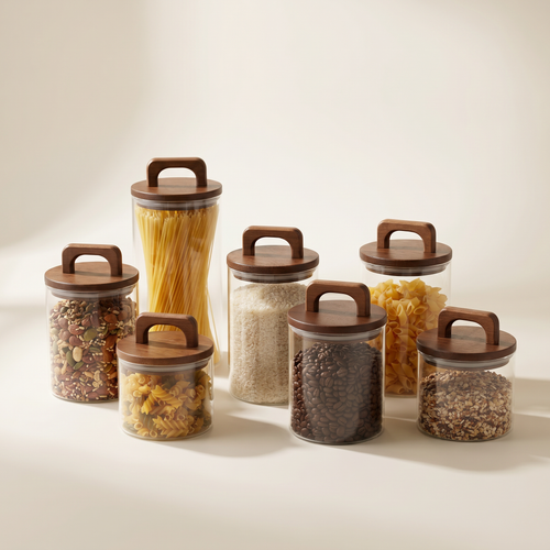 Airtight wood-lid glass storage jars