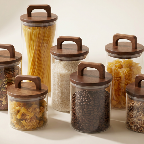 Airtight glass storage jars with wooden lids - close-up detail